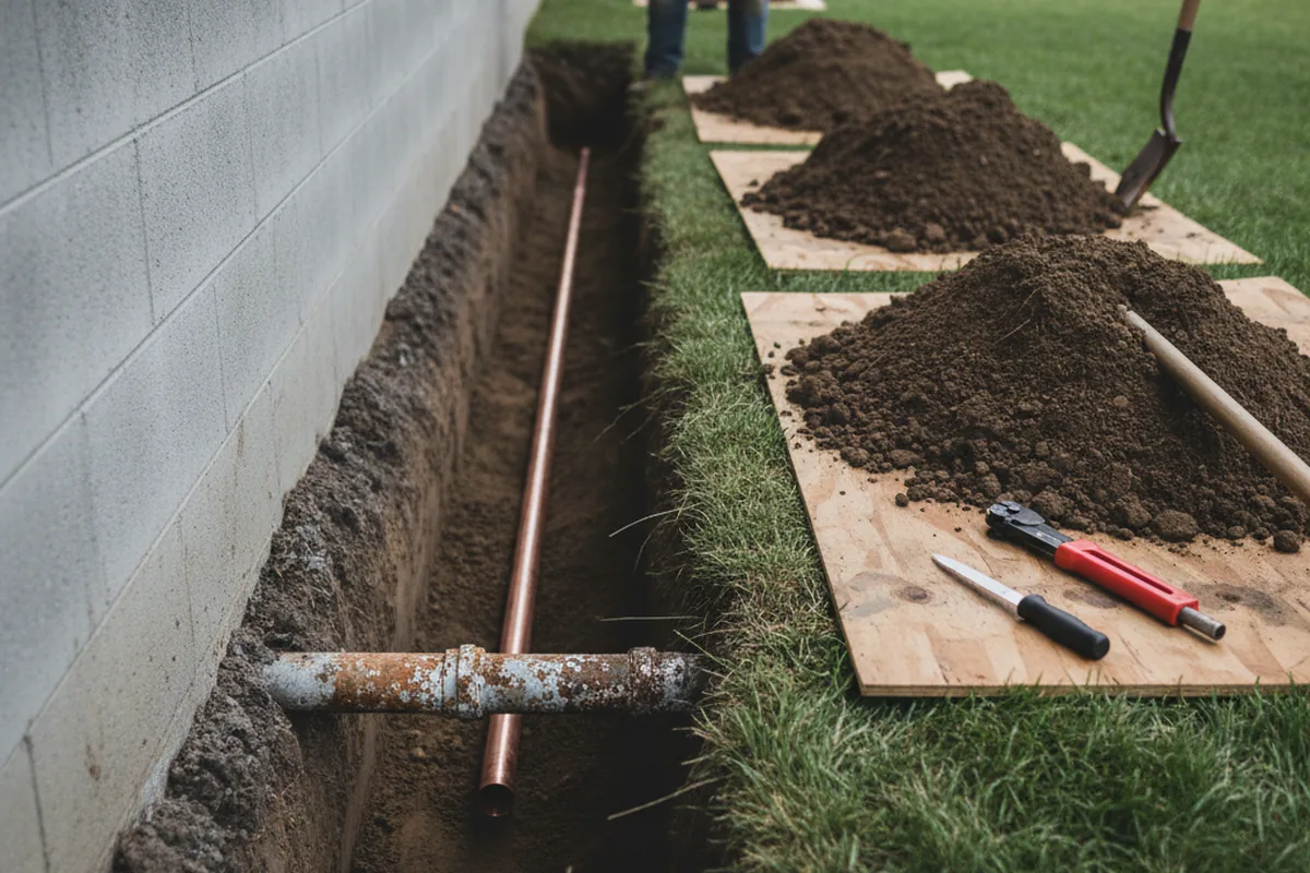 Excavated water line trench during Water Softener Installation in Washburn